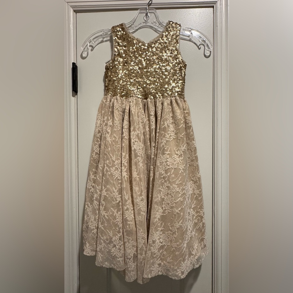 Us Angels Gold Sequin and Cream Lace Kids Dress